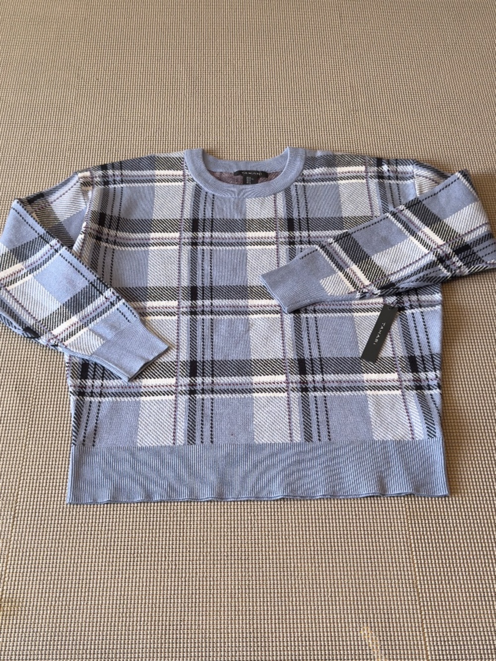 TAHARI plaid pattern round neck long sleeve top sweater size XL